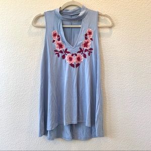 Francesca’s Alya Sleeveless Embroidered Blue Top.
